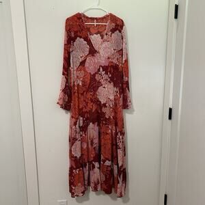 Free People Moroccan Roll Maxi Dress M Orange Red Flowers Boho No Slip Flaw